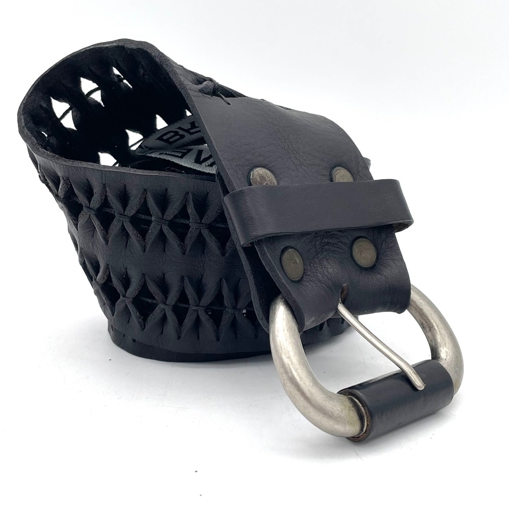 Brave Leather Belt Leather Women Small Black Good Vintage Woven Cutout 28